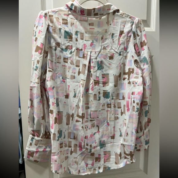Classic Abstract Geo Print Cuff Sleeve Button Down Shirt Top Blouse - Picture 5 of 7